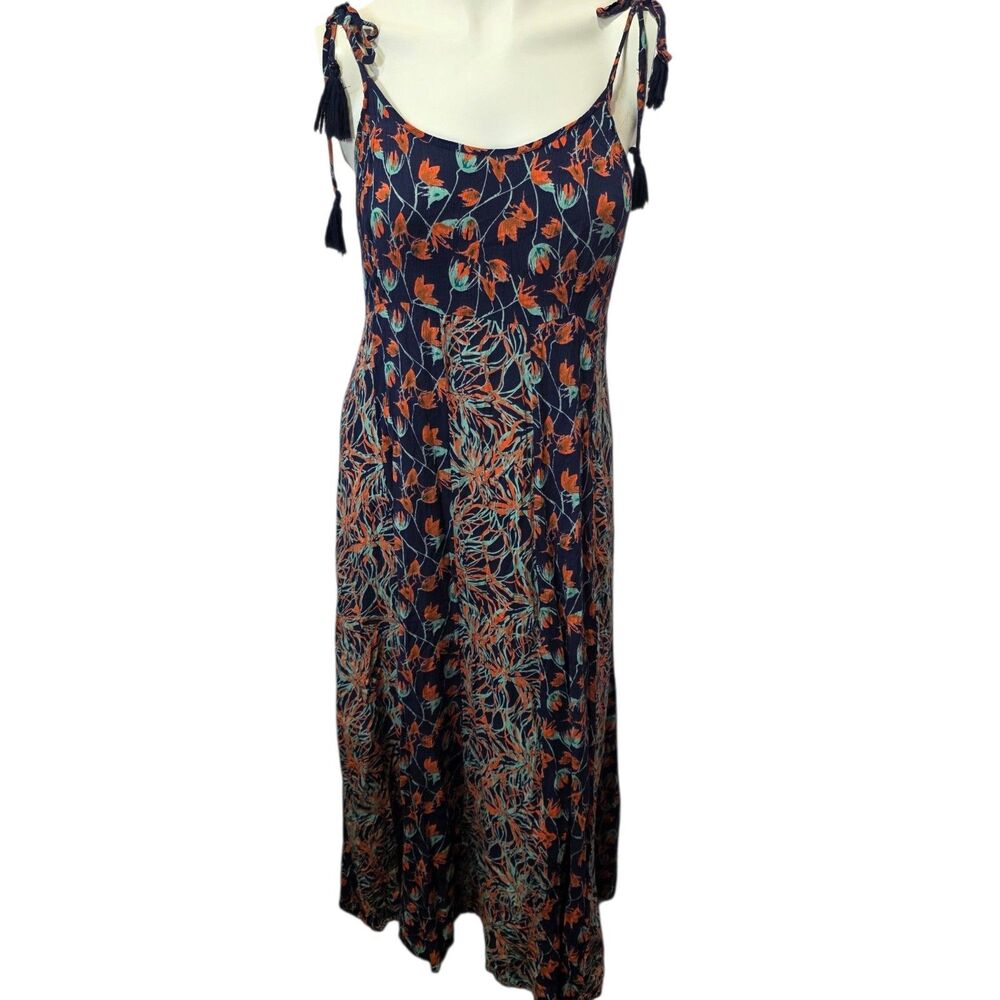 Raga‎ Boho Floral Midi Dress S Tassel Tie Straps Navy Orange Flowy